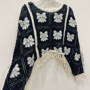 House of Harlow 1960 Black Crochet Floral Sweater Top OS Boho Fringe NWT